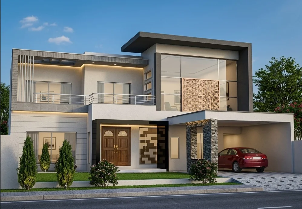 Exterior volumetric perspective and modern facade detailing