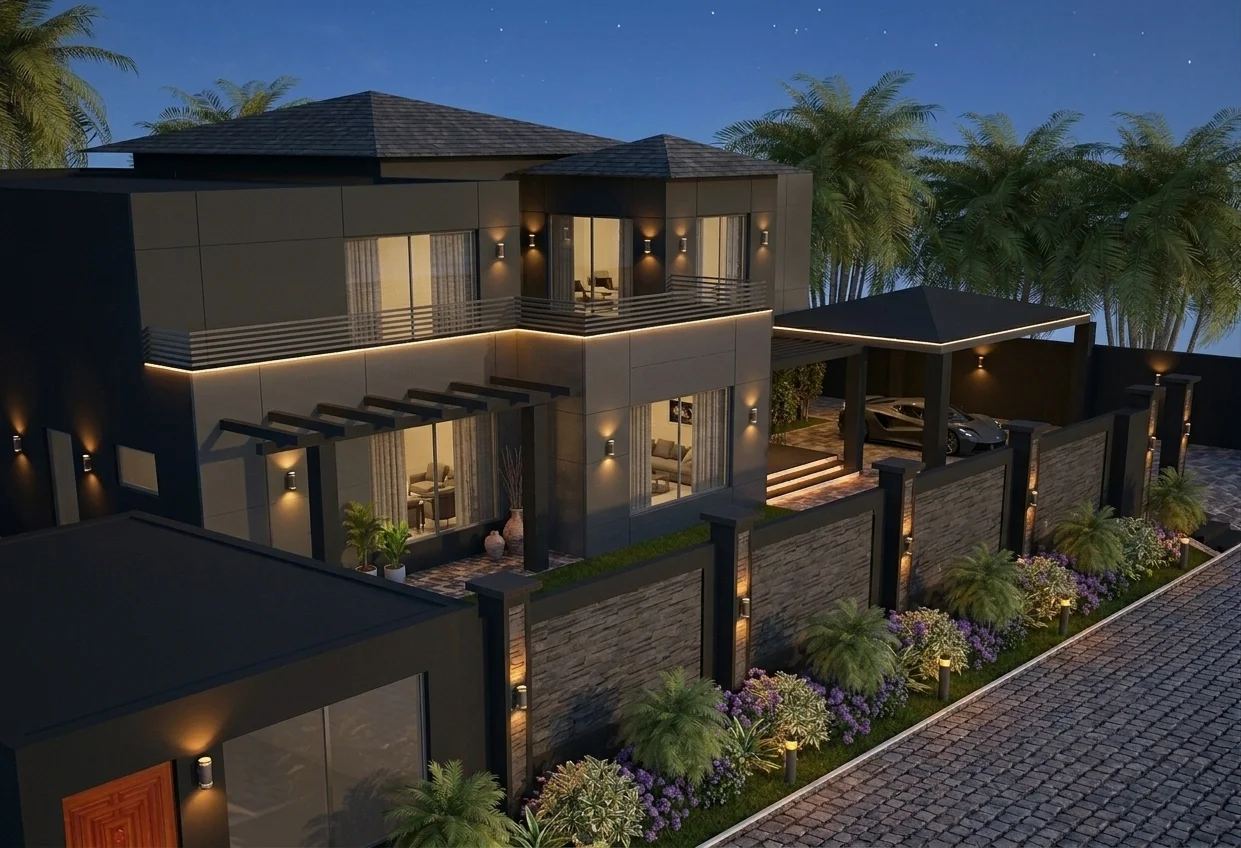 Corner perspective showcasing balanced geometric volumes, perimeter boundary wall, and integrated exterior illumination