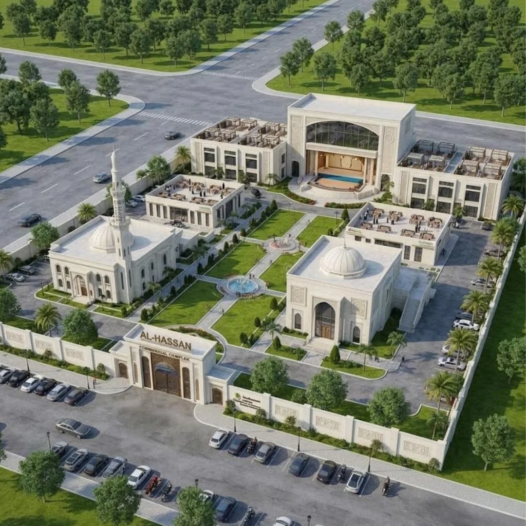 Architectural perspective highlighting the contemporary Islamic facade and geometric volumes